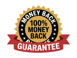 A money back guarantee emblem features a gold starburst with black stars and text reading '100% MONEY BACK GUARANTEE' prominently displayed with a red ribbon banner underneath.