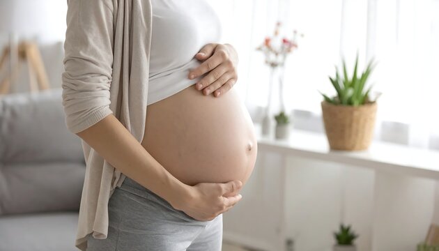 Pregnant woman cradling her belly in a cozy room with plants and soft light, wearing comfortable clothes - Powered by Adobe