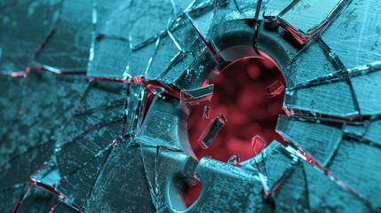 A close-up of shattered blue glass with a hole from an impact. Abstract background representing destruction and fragility. Contrasting red and cyan light on a textured surface