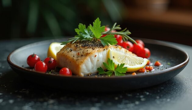 Cooked fish fillet with lemon slices cherry tomatoes and parsley garnish on dark plate. Chef prepares healthy seafood meal. Tasty gourmet food presentation.