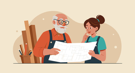 An experienced craftsman and a young apprentice reviewing a blueprint. Teamwork, mentorship, and collaboration in an architecture or engineering project. Vector illustration