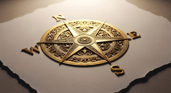 Ornate golden compass rose with north south east and west letters