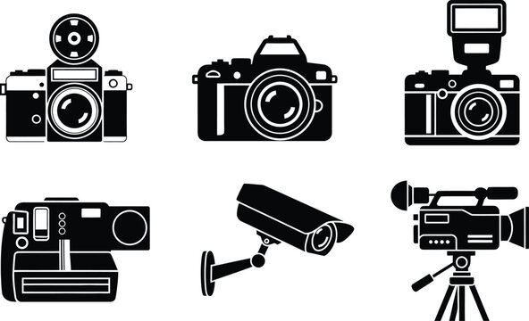 Collection of black and white silhouettes of various cameras and video recording devices