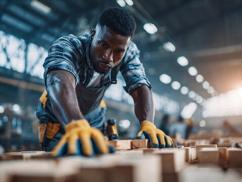 Black carpenter wearing gloves assembling wood pieces in industrial workshop