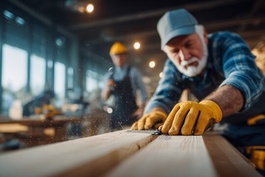 Senior carpenter shaping wood with hand tool in busy indoor workshop