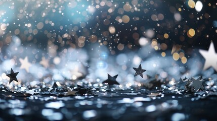 Festive background with star confetti and glitter. Blue holiday celebration with sparkling bokeh lights. Abstract winter party concept for Christmas or New Year's Eve