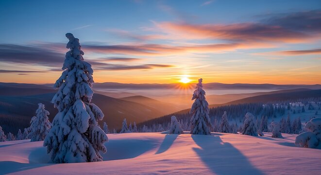 Winter landscape with snow-covered trees at sunset - Powered by Adobe