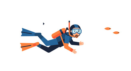 Fototapeta premium Diver Exploring Underwater World with Fish in Dark Abyss Illustration