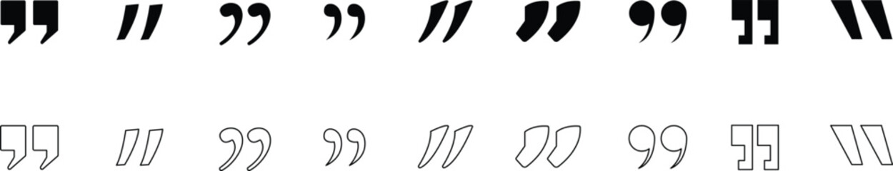 Set of quote mark and dialogue icons, speech bubble and text symbols, communication and messaging vector elements for ui, web, and graphic design.