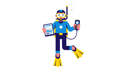 Fototapeta premium Diver Holding Electronic Devices and Tablet: Underwater Exploration with Analysis