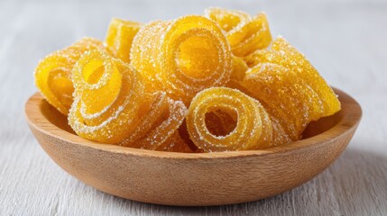 Colorful sugar-coated yellow gummies are arranged in a wooden bowl on a light wooden surface, creating a cheerful and tempting snack display for any occasion.