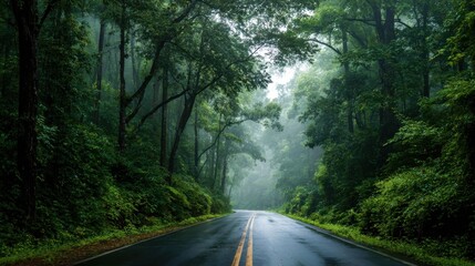 Fototapeta premium A winding road stretches through a dense forest, surrounded by tall trees and thick greenery. Mist hangs in the air, creating a serene and tranquil atmosphere on a gloomy day.
