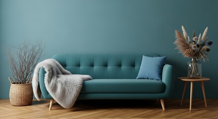 Modern teal sofa with decorative objects against a teal colored wall