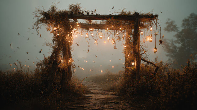 An enchanted forest archway draped in vines glows with lanterns. Misty twilight and drifting birds reveal a magical pathway into a dreamy fairytale scene. - Powered by Adobe