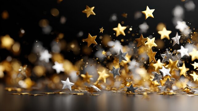 Gold and silver star confetti bursts across a dark background. Glittering stars scatter in dynamic motion, evoking celebration and luxury.