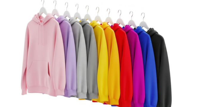 Colorful hoodies hanging on hangers for clothing business on transparent background