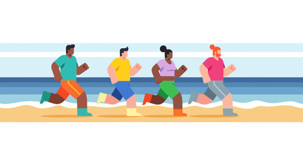 Diverse Group Joyfully Running On Sandy Beach Enjoying Outdoor Activity