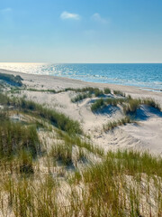 Tranquil Baltic Sea beach with soft sand dunes natural vegetation and blue sky in Leba Poland summer day. High quality photograph