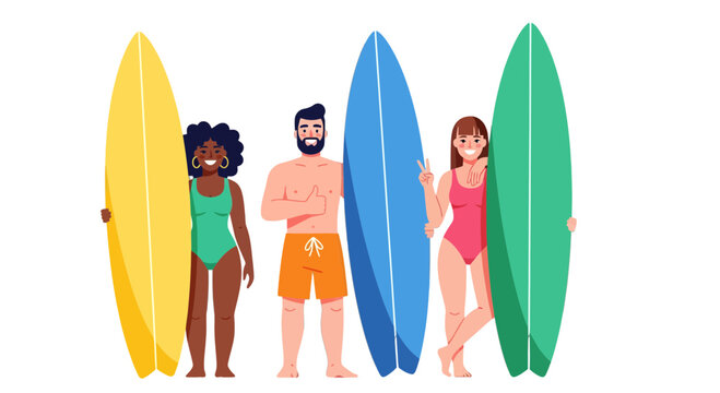 Diverse Group Smiling, Carrying Surfboards, Ready For Ocean Fun And Waves Action - Powered by Adobe