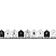 Row of simple black and white beach huts with varying door and window designs in a linear arrangement