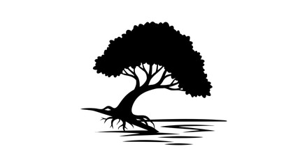 Black vector silhouette illustration of a nature tree with a bird, leaf, and branch outline design against a sunset sky
