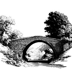 Illustration of a stone bridge over water with trees and foliage in a detailed black and white drawing