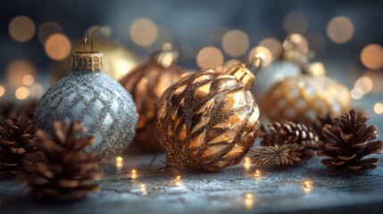 holiday ornament delight a festive array of shimmering ornaments sparkling lights and delicate pinecones creates a captivating holiday scene a visual celebration of the seasons magic