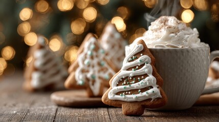 closeup of festive christmas cookies shaped like trees with white icing whipped cream and steaming hot chocolate on a wooden table warm golden bokeh lights in the background