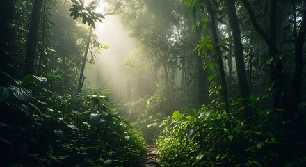 Sunlight shining through trees in a dense green forest with a path leading into the distance ahead deep inside ai generated