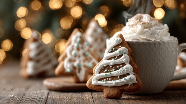 closeup of festive christmas cookies shaped like trees with white icing whipped cream and steaming hot chocolate on a wooden table warm golden bokeh lights in the background