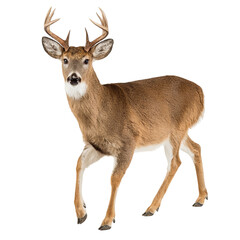 Fototapeta premium Png of full length of a whitetailed deer walking, isolated on transparent background, looking at camera in studio shot