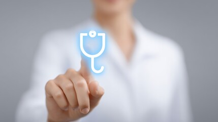 Female healthcare professional in white coat interacts with digital stethoscope icon, showcasing modern technology in medicine and patient care, emphasizing innovation in healthcare