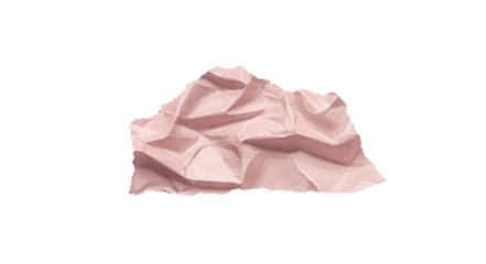 A single crumpled piece of light pink paper with irregular edges and textured folds isolated on a transparent background representing waste or a discarded idea isolated on transparent background