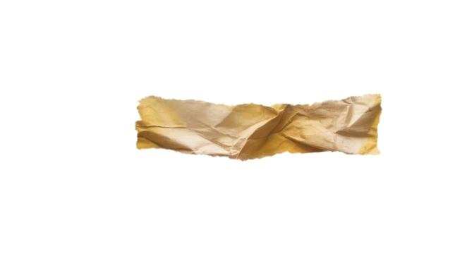 A crumpled piece of golden foil with a shiny metallic texture reflecting light and casting subtle shadows isolated on transparent background