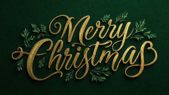 golden handwritten merry christmas lettering with flourishes on green background - Powered by Adobe