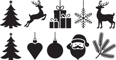 Christmas Icons Collection with Trees, Reindeer, and Santa silhouette illustration