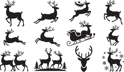 Dynamic Reindeer Silhouettes in Various Poses Including Sleigh and Headshot Keywords: reindeer, deer, christmas, holiday, silhouette, vector, animal, wildlife, winter, sleigh, sled, antler, head