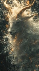 Ethereal fantasy goat emerging from glowing golden smoke. Mythical spirit animal with a divine aura. Abstract magical creature concept
