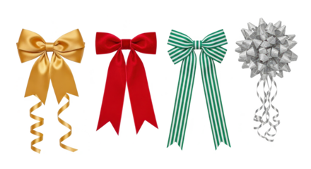Selection of four decorative bows in gold, red, green, and silver on transparent background