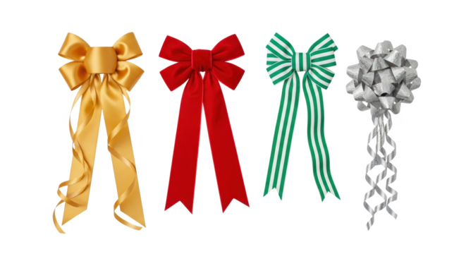 Selection of four decorative bows in gold, red, green, and silver, isolated on transparent background