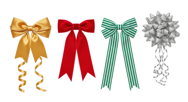 Selection of four decorative bows in gold, red, green, and silver on transparent background