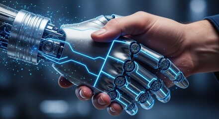 Human and robot handshaking, representing the synergy of technology and connection for a futuristic partnership.