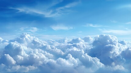 A vast expanse of blue sky is filled with soft, white clouds that create a serene atmosphere. The scene conveys the calmness of a clear day with gentle sunlight.