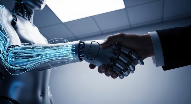 Human and Robot Handshake, representing future technology, collaboration and digital transformation in the modern business world.