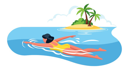 Woman Swimming in Tropical Waters Towards an Island During a Sunny Summer Day