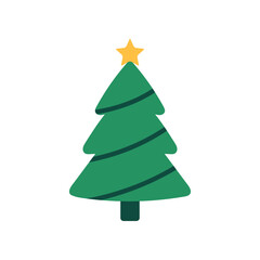 Vector illustration of green Christmas tree with yellow star on top and minimal garland, isolated on white background. Simple festive art in flat style. New year cute clipart. Pine tree icon.