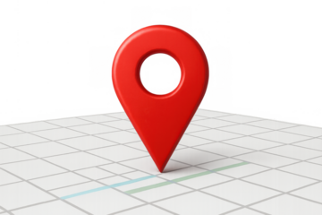 Red 3d location pin marking a destination on a white map grid, illustrating navigation, travel, and tracking location