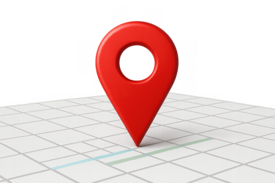 Red 3d location pin marking a destination on a white map grid, illustrating navigation, travel, and tracking location