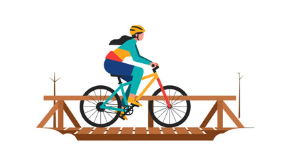 Woman Rides Bike Across Wooden Bridge Against Black Background Colorful Style