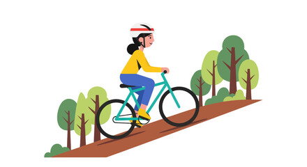 Woman Rides Up Slope On Bicycle Through Forest Path, Adventure Lifestyle Concept